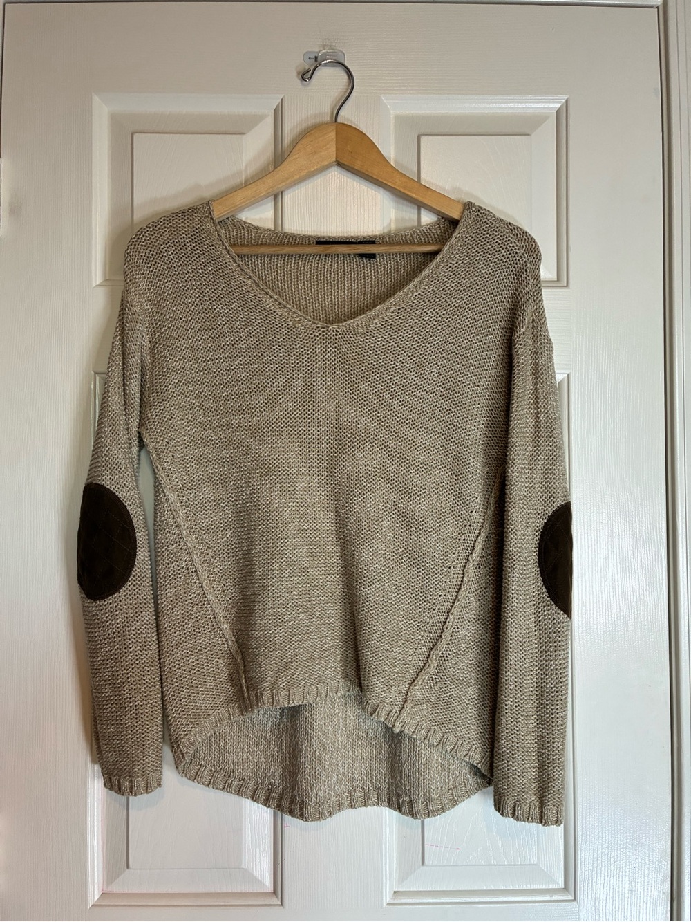 RDI Beige V-Neck Knit Sweater with Dark Elbow Patches